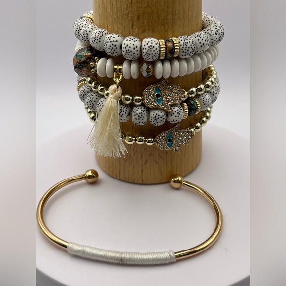 Stylish Gold Boho Chic Stacked Bracelets -  Trendy Stackable Evil Eye Bracelets - Picture 3 of 13